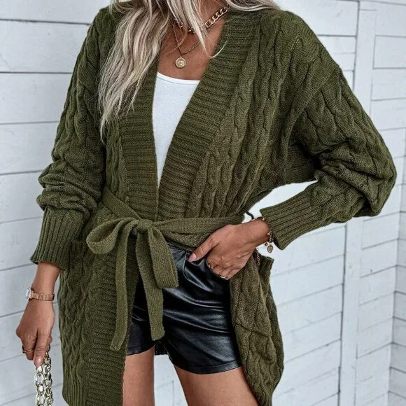 Army Green Casual Women's Solid Color Cable Knit V-Neck Cardigan - Picture 6 of 6